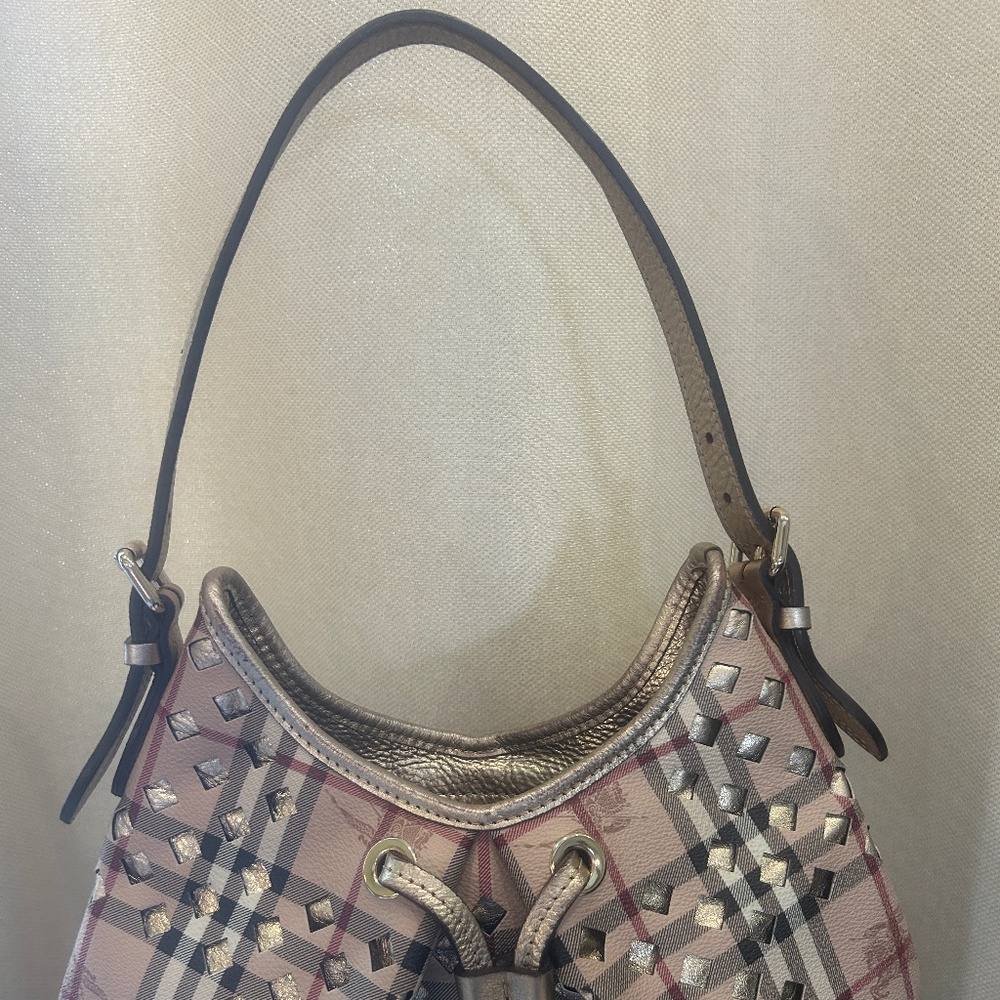 Burberry Bicolor Haymarket Check Cutout Drawstring Hobo Bag - Picture 2 of 16